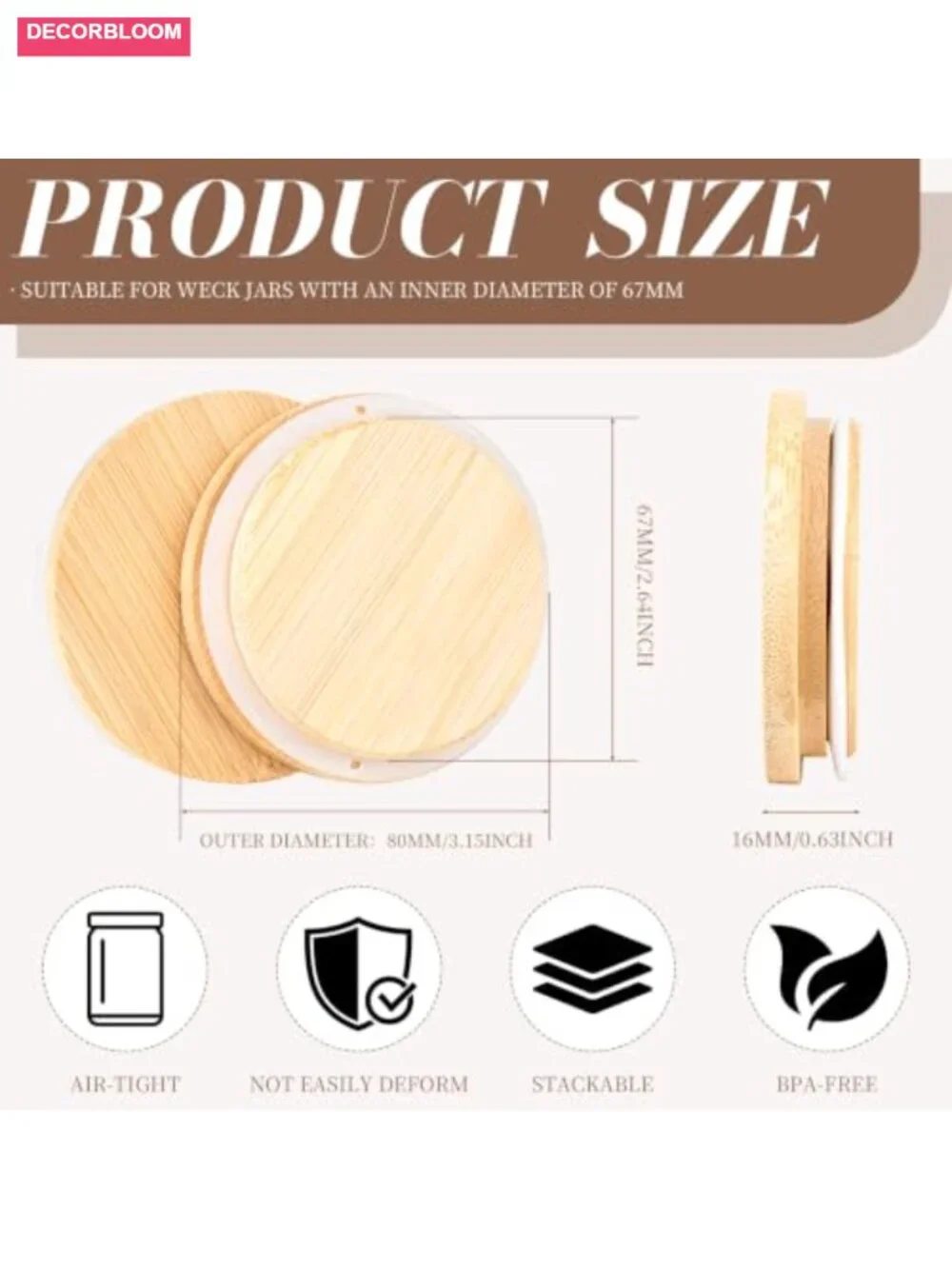 2 Pack 80mm Wide Mouth Bamboo Mason Jar Lids with Airtight Silicone Seal